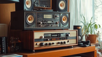 Fototapeta premium The classic look decor of a wooden equipment retro style radio amplifier audio displayed background wallpaper AI generated image