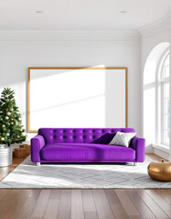 mockup white blank frame, Purple sofa, white walls, living room, decorated with Christmas decor, Christmas tree, wooden coffee table, large window, wooden floor