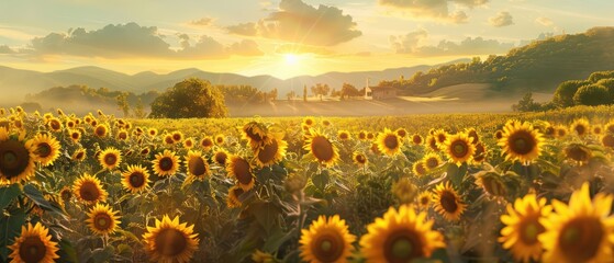 Fototapeta premium A serene sunflower field under a golden sunrise, showcasing vibrant blooms and a picturesque landscape.