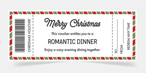 Christmas gift voucher template. Christmas voucher for Romantic dinner. Ideas of Christmas gift. Gift coupon, voucher for friends, family, love ones. For restaurants, cafes winter holiday promo.