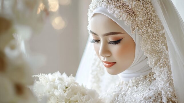 Beautiful Indonesian woman muslim glamour costume bride model in white hijab background wallpaper AI generated image