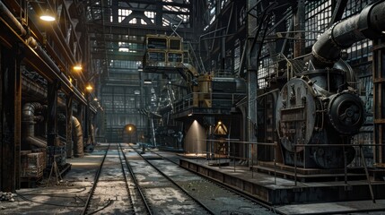 Fototapeta premium Dimly lit industrial factory with heavy machinery, a gritty atmosphere, and intricate metal structures. Perfect for urban and mechanical themes.