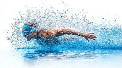Breaking the Surface: Power and Determination - A male swimmer explodes from the water, showcasing the strength and grace of athleticism in a captivating sports photography masterpiece. 