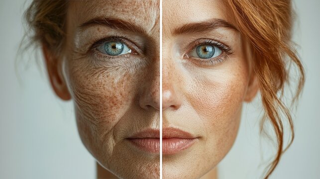 The image contrasts two sides of a woman's face, one showing signs of aging with wrinkles and age spots while the other appears youthful and smooth, emphasizing skin rejuvenation