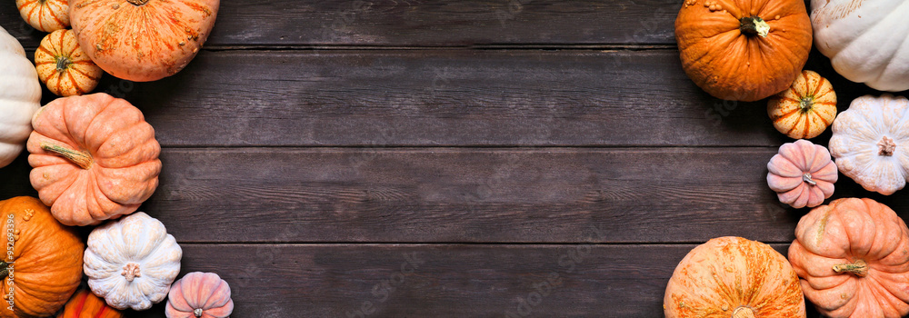 Poster Fall double border of pumpkins of various sizes and colors over a rustic dark wood banner background. Top view with copy space.