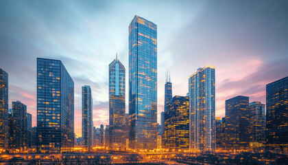 Chicago skyline glowing at dusk with office buildings lit up