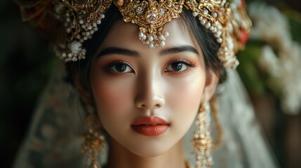 Beautiful female asian model with traditional bridal make up regional customs background wallpaper AI generated image