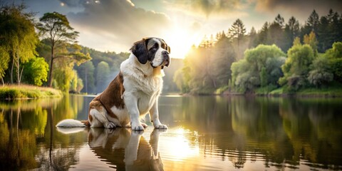 Obraz premium A relaxed Saint Bernard basks in a soft illumination, lines simplified to evoke serenity. A calm lake reflects the beauty of its surroundings, surrounded by trees.
