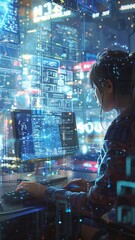 Female Programmer coder, working on laptop with floating, glowing computer code, creating a futuristic and tech-driven atmosphere. Woman in tech.