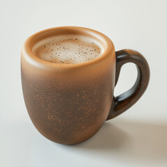 Fototapeta premium A brown ceramic mug filled with coffee with a light brown foam on top, isolated on a white background.