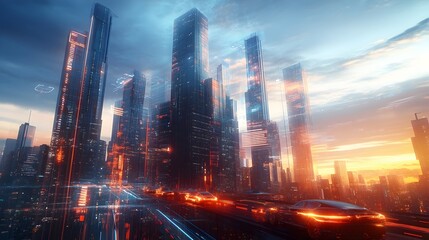 Fototapeta premium Futuristic Blockchain Powered City Skyline with Towering Skyscrapers and Holographic Displays