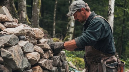 A Man Building a Stone Wall in a Forest