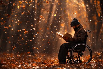 A person in a wheelchair is immersed in reading a book amidst a serene forest. Autumn leaves drift around, illuminated by warm sunlight filtering through the trees