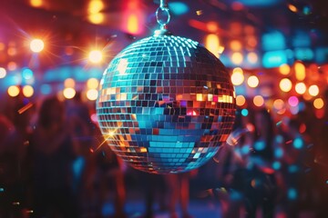 Obraz premium A vibrant disco ball reflecting colorful lights in a lively party atmosphere, capturing the essence of nightlife and celebration.