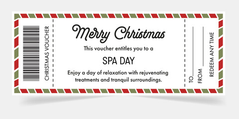Christmas gift voucher template. Christmas voucher for Spa day. Ideas of Christmas gift. Gift coupon, voucher for friends, family, love ones. For relax, spa centers winter holiday promo.