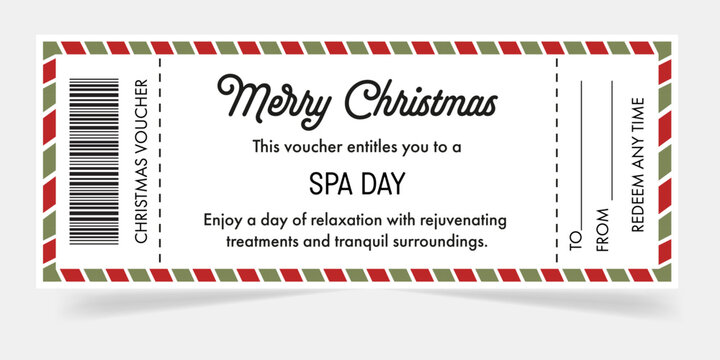 Christmas gift voucher template. Christmas voucher for Spa day. Ideas of Christmas gift. Gift coupon, voucher for friends, family, love ones. For relax, spa centers winter holiday promo.