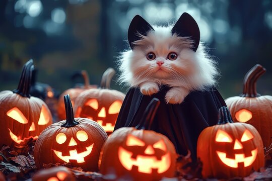 A fluffy white kitten in a charming black cape sits confidently among carved jack-o'-lanterns, all illuminated and surrounded by fallen autumn leaves, creating a delightful Halloween atmosphere