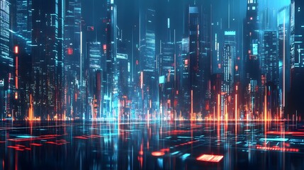 Futuristic Financial Technology Landscape with Blockchain Data Analytics and Digital Art in Sleek Modern Neon Lit Cityscape