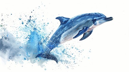 Fototapeta premium A vibrant watercolor illustration of a dolphin leaping out of the water, showcasing playful movement and ocean beauty.