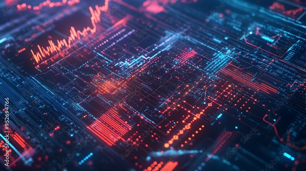 Poster futuristic blockchain powered financial landscape with holographic interfaces and ai driven analytic