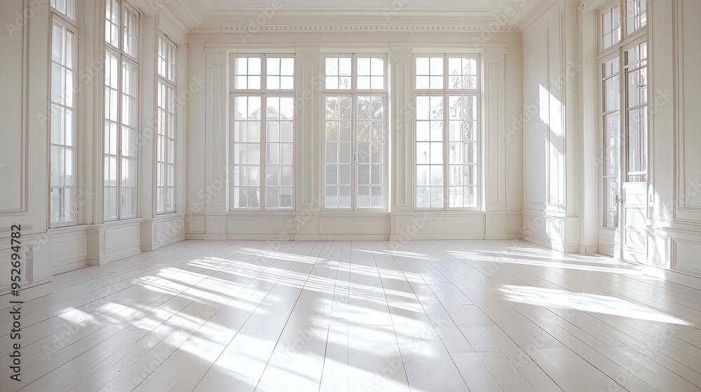 Poster A spacious, unoccupied room features large windows allowing plenty of natural light to flood in, casting soft shadows on the white floor. The space embodies a serene and minimalist atmosphere