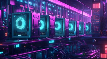 Vibrant Cryptocurrency Mining Facility with Neon Lit Rigs Showcasing Technological Prowess