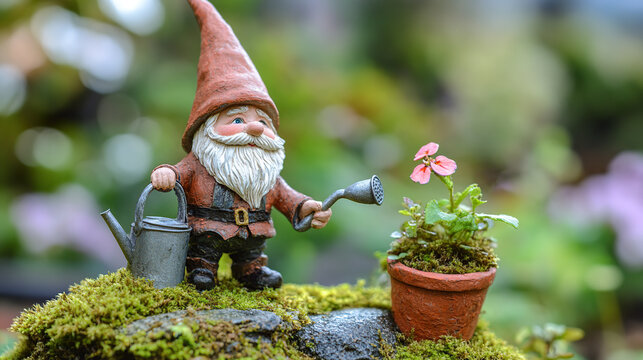 A cheerful garden gnome with a watering can standing on moss, watering a small pink flower in a pot.