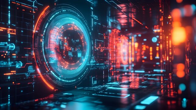 Sleek Futuristic Fintech Cryptocurrency Services with Neon Lit Holographic Data Visualization Displays