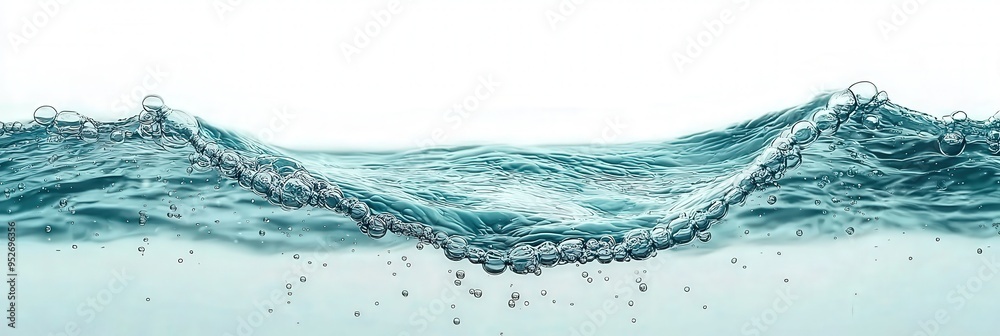 Poster close-up of a crystal clear water wave splashing with droplets, isolated on a white background.