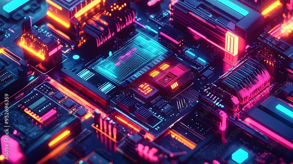 Poster captivating crypto mining rig depicted in vibrant digital art with dynamic data visualizations