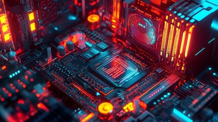 Obraz premium Vibrant Digital Art Depiction of Cryptocurrency Mining Rig and Data Visualizations