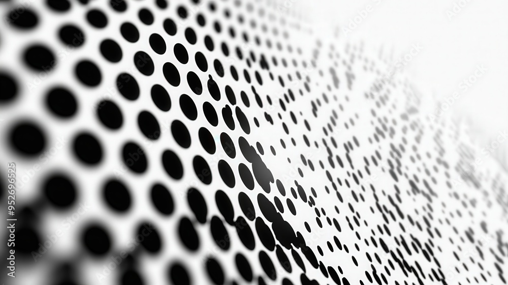 Poster A creative composition features a textured surface covered with variously sized black dots on a white background, showcasing an abstract design, retro pop art