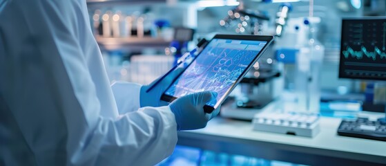 Researcher analyzes data on a digital tablet in a modern laboratory with advanced scientific equipment.