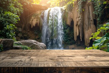 Scenic view of a serene waterfall surrounded by lush greenery, captured with a rustic wooden table in the foreground.