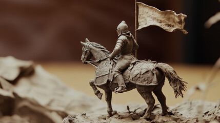 Fototapeta premium A clay sculpture of a knight on horseback, holding a flag, standing on a rocky terrain.
