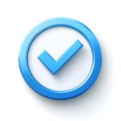 3d check icon, checklist tick, done mark. Vector realistic plastic style checkmark, symbol of selection, confirmation or approval. blue circle with a white, white background