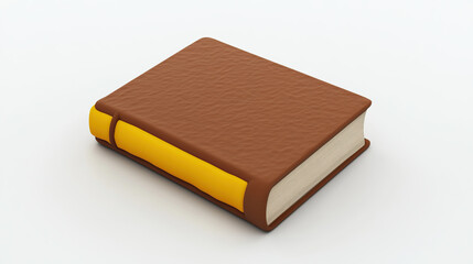 Fototapeta premium A closed, brown leather-bound book with a yellow spine, resting on a white surface.