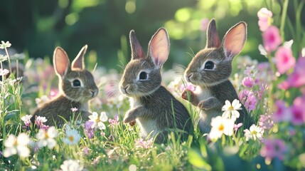 Adorable Baby Bunnies in a Field of Flowers
