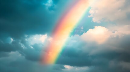 Fototapeta premium Vibrant Rainbow Arch Across Dramatic Cloudy Sky After Rainstorm Scenic Landscape