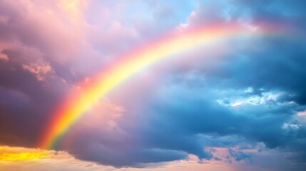 Fototapeta premium Vibrant Multicolored Rainbow Arc Spanning Dramatic Cloudy Sky After Rainstorm