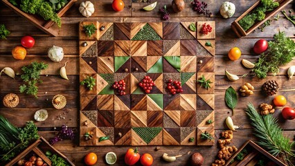 A rustic wooden board showcases a dynamic arrangement of fresh ingredients, textures, and colors, exuding a sense of effortless elegance and natural charm.