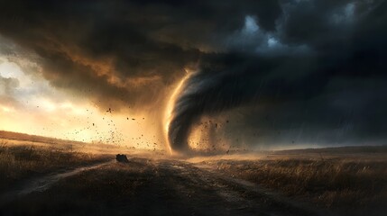 Dramatic Tornado Swirling in Open Field with Ominous Clouds and Powerful Winds