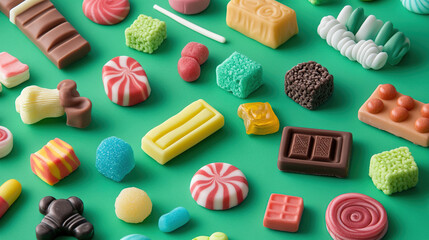 A colorful assortment of candies and sweets on a green background.