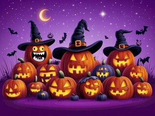 Vibrant Halloween Night with Carved Pumpkins Wearing Witch Hats, Glowing Faces, Flying Bats, Gleaming Moon, and Purple Starry Sky