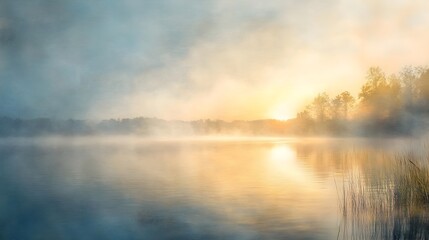 Obraz premium Ethereal Fog Shrouded Lake at Golden Hour with Tranquil Sunrise Reflections