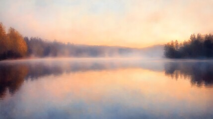 Fototapeta premium Ethereal Mist Shrouding Serene Lake at Golden Hour Sunrise