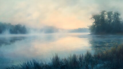 Ethereal Lake Landscape with Misty Dawn Light in Impressionist Style