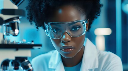A Close-up Portrait of a Black Female Scientist Wearing Safety Glasses While Using a Microscope in a Lab