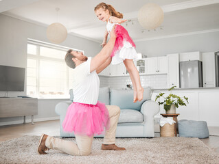 Father, child and ballet dancing in home with lifting, favorite song and tutu costume in living room. Dancer family, man and girl with fairy skirt for fantasy concert, learning steps and imagination