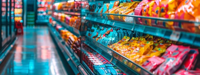 Fototapeta premium Snack aisle in a supermarket with vibrant packaging and lighting